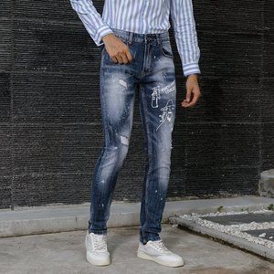Men Jeans Retro Blue Slim Ripped Hip Hop Pants
